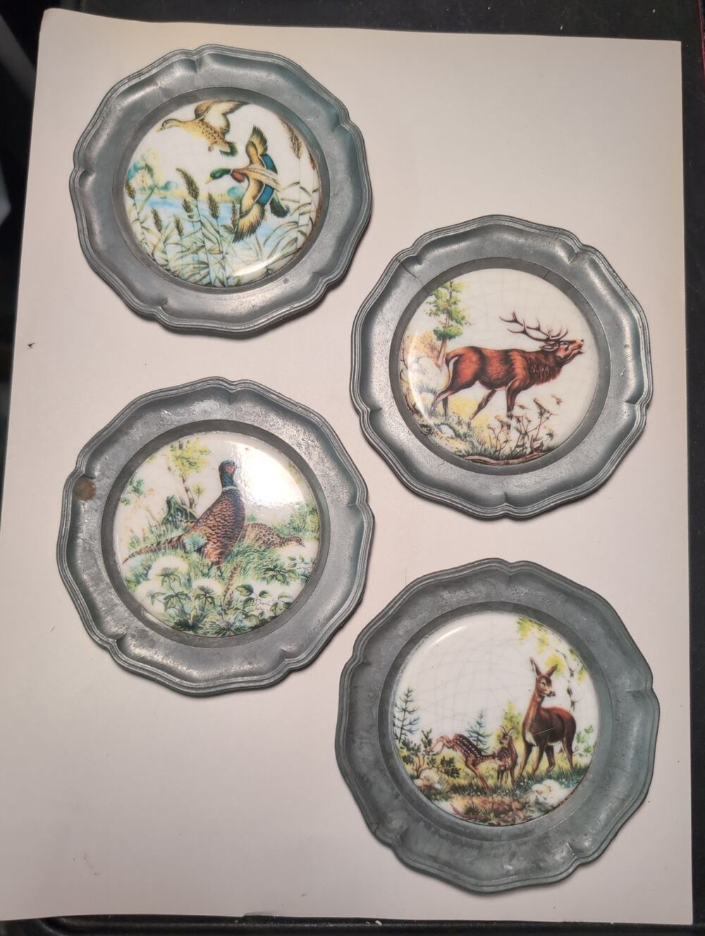 Pewter & Porcelain Woodland Animal Coasters or Wall Plates 4"